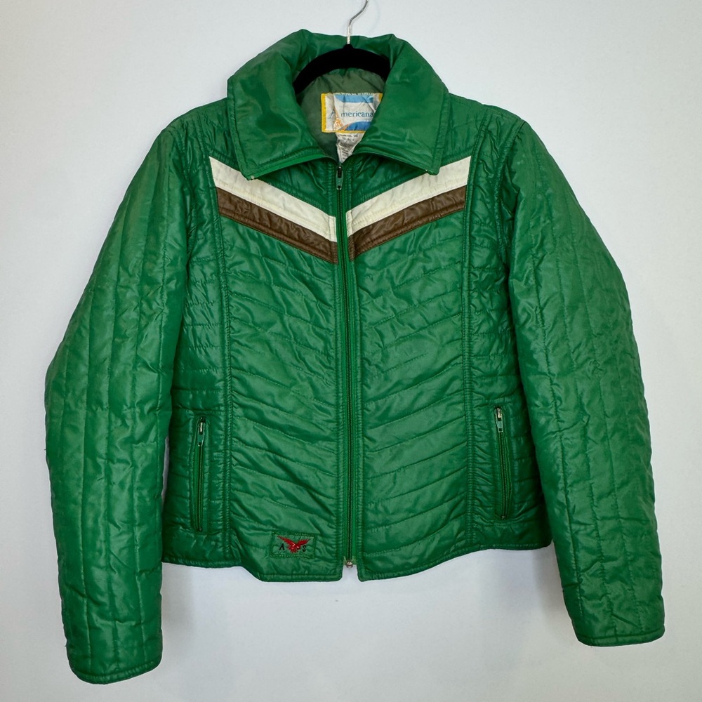 Vintage Americana 70's quilted Green Puffer Jacket with Chevron